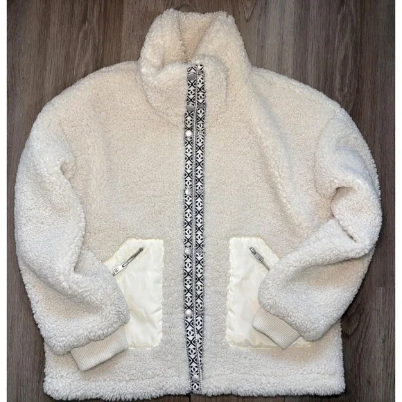 Levis Sherpa Fleece Jacket Cream Off White Geometric Trim Zip Up Womens Small - Picture 1 of 13
